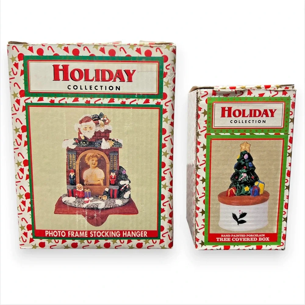 Holiday Collection Christmas Lot Stocking Hanger &‎ Porcelain Tree Covered Box